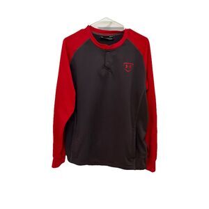 Under Armour Mens Medium Red Gray Fleece Pullover Sweatshirt Loose Logo pockets